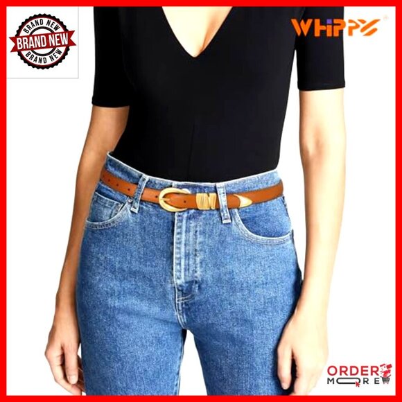 Skinny Leather Belt with Gold Buckle for Jeans Dresses Pants